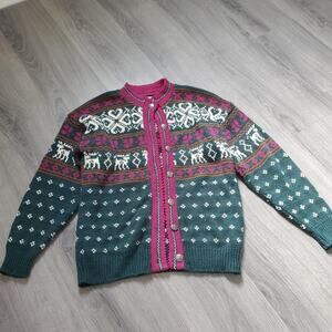 Vintage REI Sweater Womens Medium Green Pink Wool Nordic Cardigan Fair Isle 90s